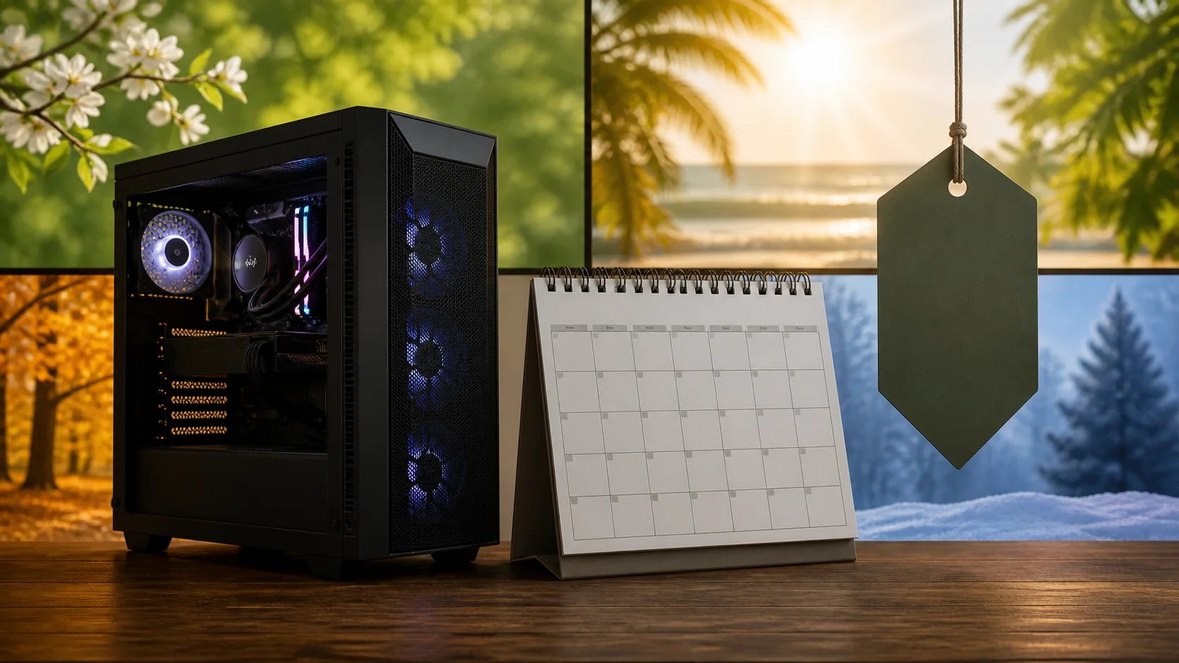 Gaming PC beside a calendar with seasonal buying cues