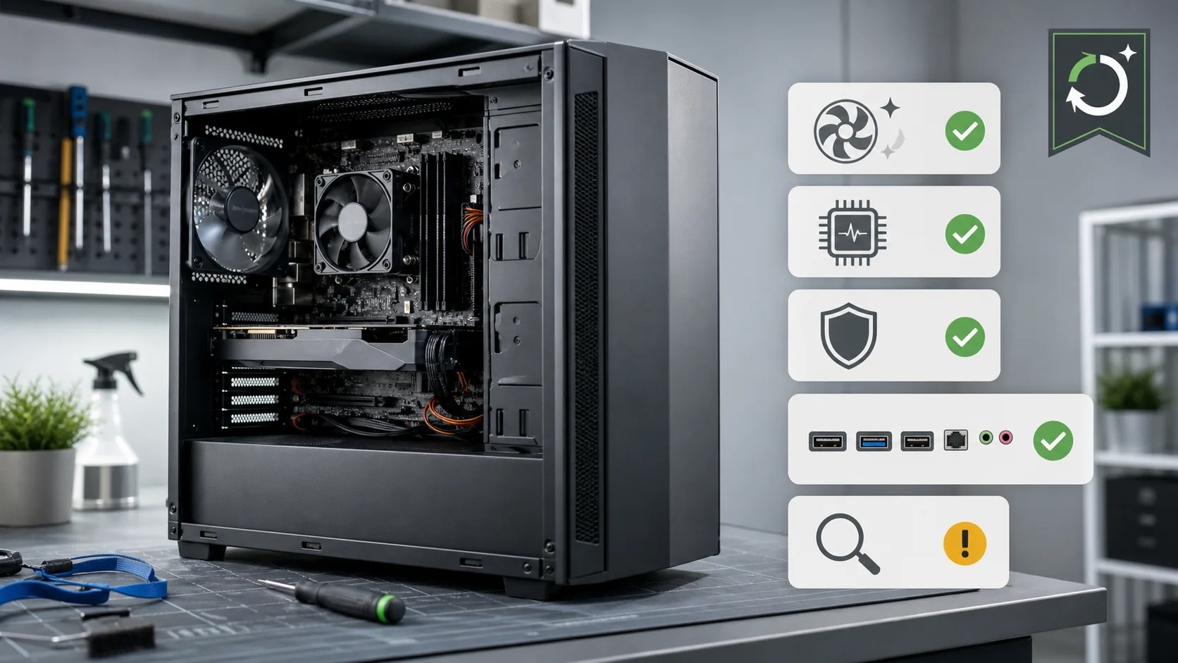 Desktop PC with tools beside hardware inspection and condition-check icons