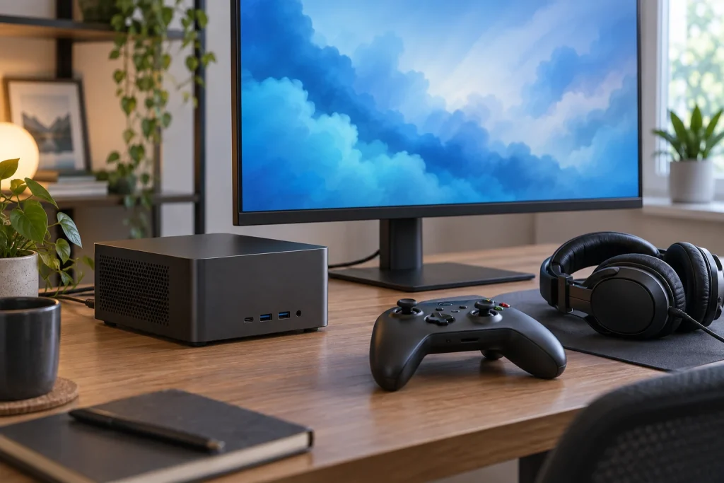 Mini PC with a game controller and headset beside a monitor showing blue clouds