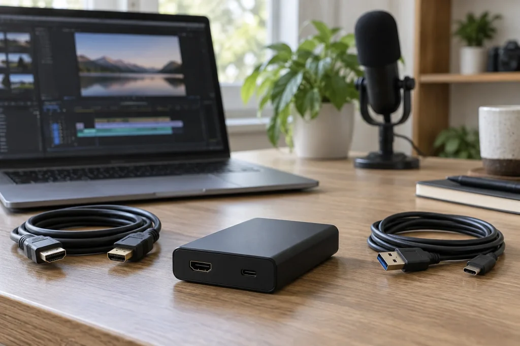 External capture device beside disconnected cables and a laptop