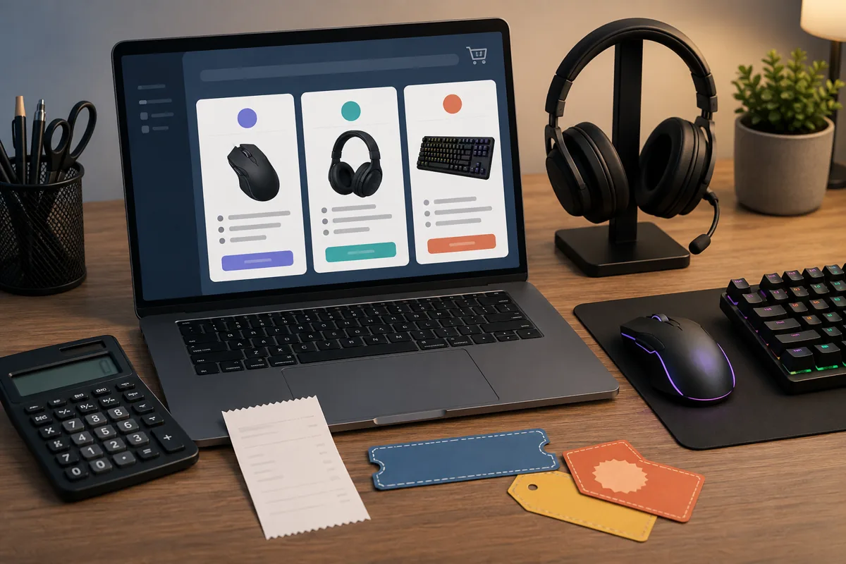 Gaming peripherals beside a calculator, receipt and coupon shapes for comparing purchase options